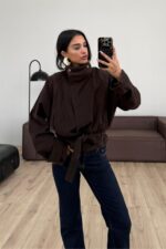 Kuşaklı Dik Yaka Bomber Ceket Acı Kahve
