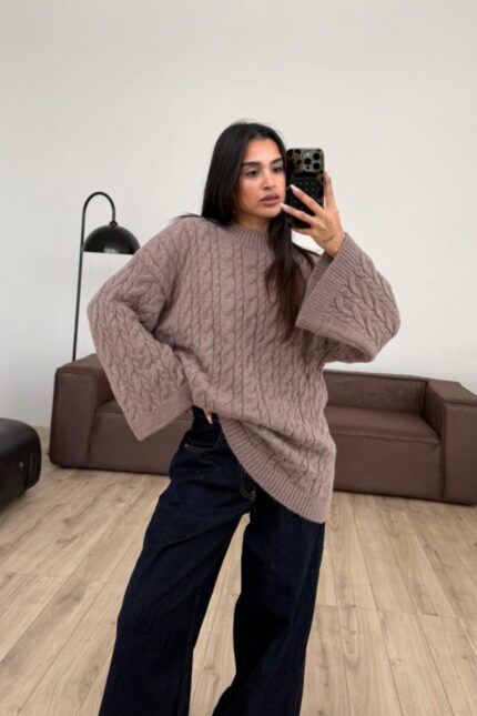 Triko Saç Örgülü Kazak Vizon