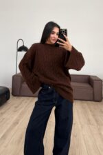 Triko Saç Örgülü Kazak Kahverengi