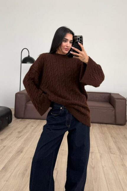 Triko Saç Örgülü Kazak Kahverengi