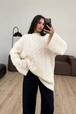 Triko Saç Örgülü Kazak Krem