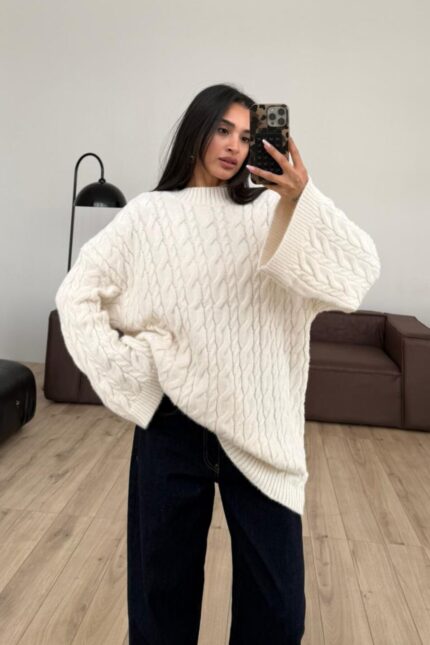 Triko Saç Örgülü Kazak Krem