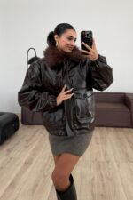 Yakası Kürklü Kanguru Cepli Deri Ceket Acı Kahve