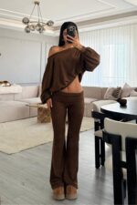 Kayık Yaka Beli Katlamalı Takım Kahverengi