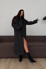 Yakası Kürklü Uzun Kaşe Kaban Antrasit - Görsel 2