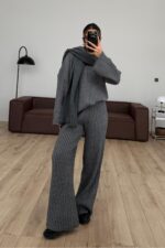 Atkılı V Yaka Triko Takım Antrasit - Görsel 2