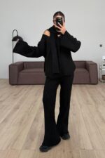 Atkılı V Yaka Triko Takım Siyah - Görsel 2