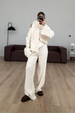 Atkılı V Yaka Triko Takım Bej - Görsel 2