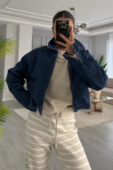 Fermuarlı Denim Ceket Lacivert