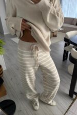 Çizgili Triko Pantolon Bej - Görsel 2