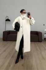 Trend Dik Yaka Kaşe Kaban Ekru - Görsel 2