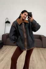 İçi Kürklü Deri Biyeli Ceket Lacivert