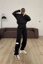 Paçası Bağcıklı Dik Yaka Eşofman Takım Siyah