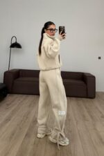 Paçası Bağcıklı Dik Yaka Eşofman Takım Bej - Görsel 4