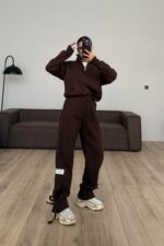 Paçası Bağcıklı Dik Yaka Eşofman Takım Kahverengi