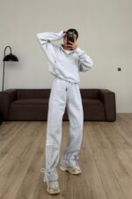 Paçası Bağcıklı Dik Yaka Eşofman Takım Gri