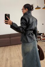 Yumuşak Derili Kemerli Ceket Siyah - Görsel 3