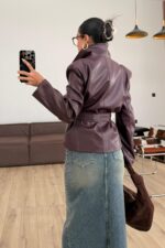 Yumuşak Derili Kemerli Ceket Bordo - Görsel 3