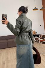 Yumuşak Derili Kemerli Ceket Haki - Görsel 3