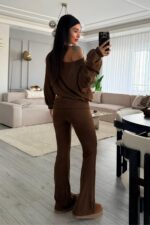 Kayık Yaka Beli Katlamalı Takım Kahverengi - Görsel 4