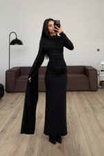 Fularlı Beli Büzgülü Soft Touch Elbise Siyah