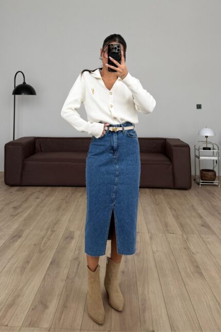 Önü Yırtmaçlı Beli kemerli Kot Etek