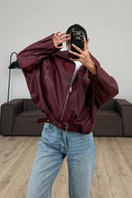 Beli Ayarlanabilir Yılan Derisi Ceket Kırmızı