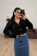 Gold Düğmeli Polo Yaka Hırka Siyah