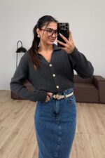 Gold Düğmeli Polo Yaka Hırka Antrasit