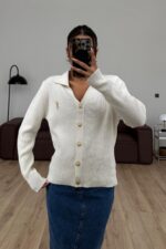 Gold Düğmeli Polo Yaka Hırka Ekru - Görsel 2