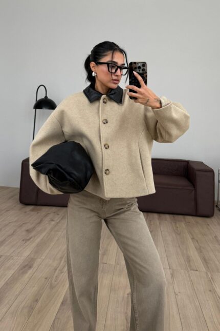 Deri Garni Detaylı Kaşe Ceket Vizon