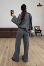 Atkılı V Yaka Triko Takım Antrasit - Görsel 4