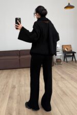 Atkılı V Yaka Triko Takım Siyah - Görsel 4