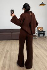 Atkılı V Yaka Triko Takım Kahverengi - Görsel 4