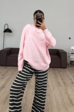 Yumuşak Bisiklet Yaka Triko Kazak Pudra