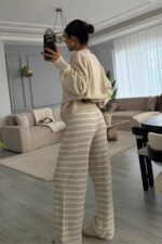 Çizgili Triko Pantolon Bej - Görsel 4