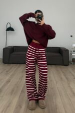 Çizgili Triko Pantolon Bordo