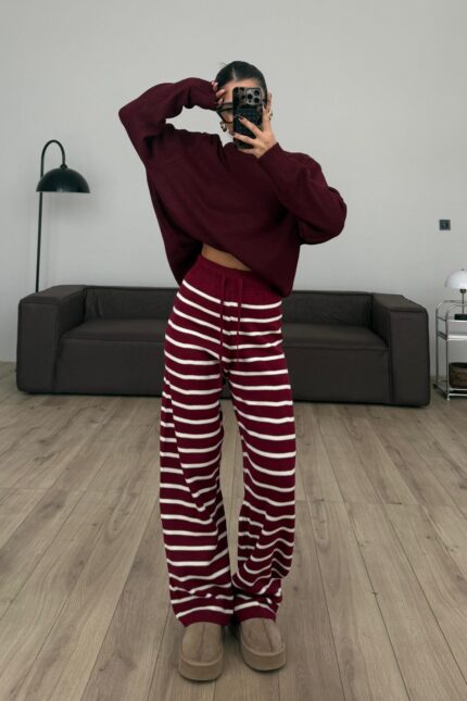 Çizgili Triko Pantolon Bordo