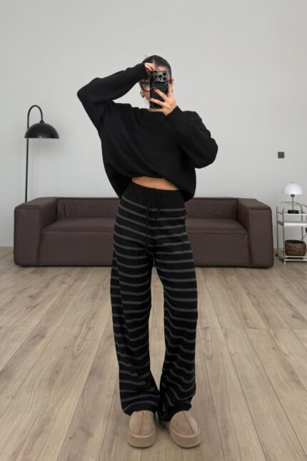 Çizgili Triko Pantolon Siyah