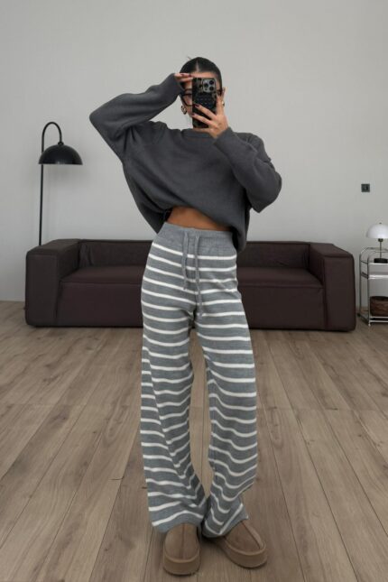 Çizgili Triko Pantolon Gri