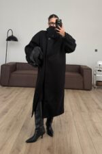 Trend Dik Yaka Kaşe Kaban Siyah