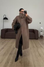 Trend Dik Yaka Kaşe Kaban Vizon - Görsel 2