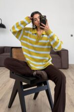 Polo Yaka Çizgili Örgü Kazak Yeşil