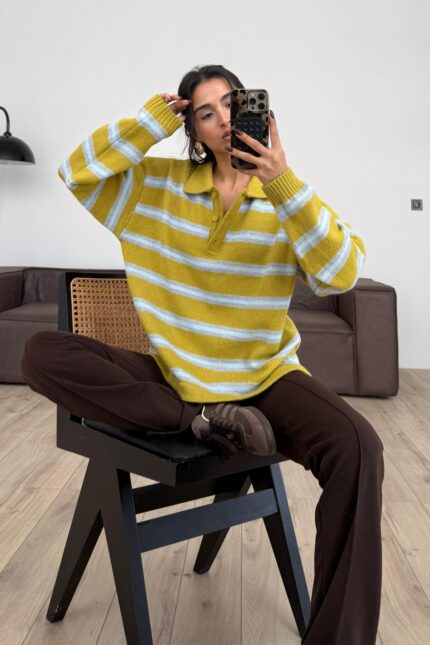 Polo Yaka Çizgili Örgü Kazak Yeşil