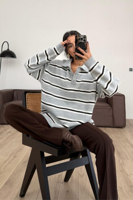 Polo Yaka Çizgili Örgü Kazak Gri