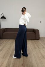 Parlak Kumaş Palazzo Pantolon Lacivert - Görsel 3