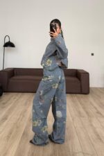 Çiçek Desenli Tasarım Wide Leg Jean - Görsel 3