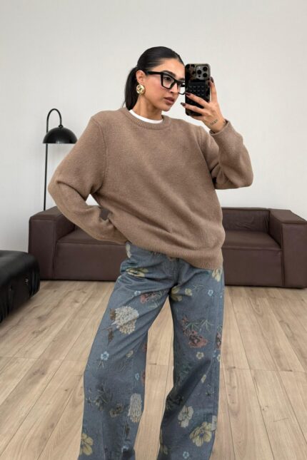 Yumuşak bisiklet Yaka Triko Kazak Vizon