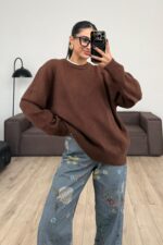 Yumuşak bisiklet Yaka Triko Kazak Kahverengi