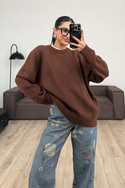 Yumuşak bisiklet Yaka Triko Kazak Kahverengi